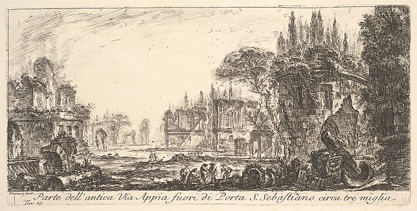 Giovanni Battista Piranesi, Plate 19: Part of the ancient Appian Way about three miles outside Porta S. Sebastiano, from "Alcune Vedute di Archi Trionfali ed altri monumenti inalzati da Romani parte de quali se veggono in Roma e parte per l'Italia" (Some Views of Triumphal Arches and other monuments erected by the Romans, som…