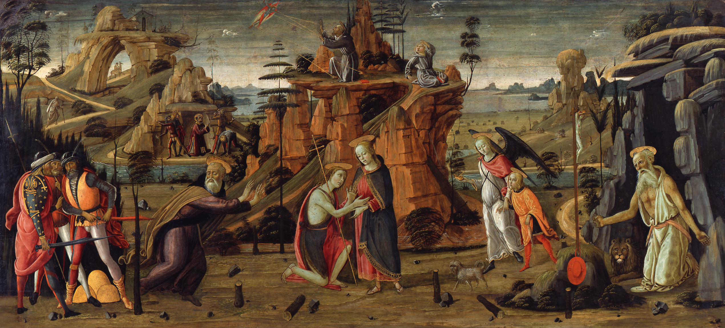 Jacopo da Sellaio, Landscape with biblical scenes and scenes from the legends of saints