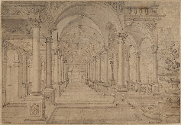 Hans Vredeman de Vries, Architectural Capriccio with an Arcade and Fountain in Point Perspective [Study for a Painting of John the Baptist before Herod]