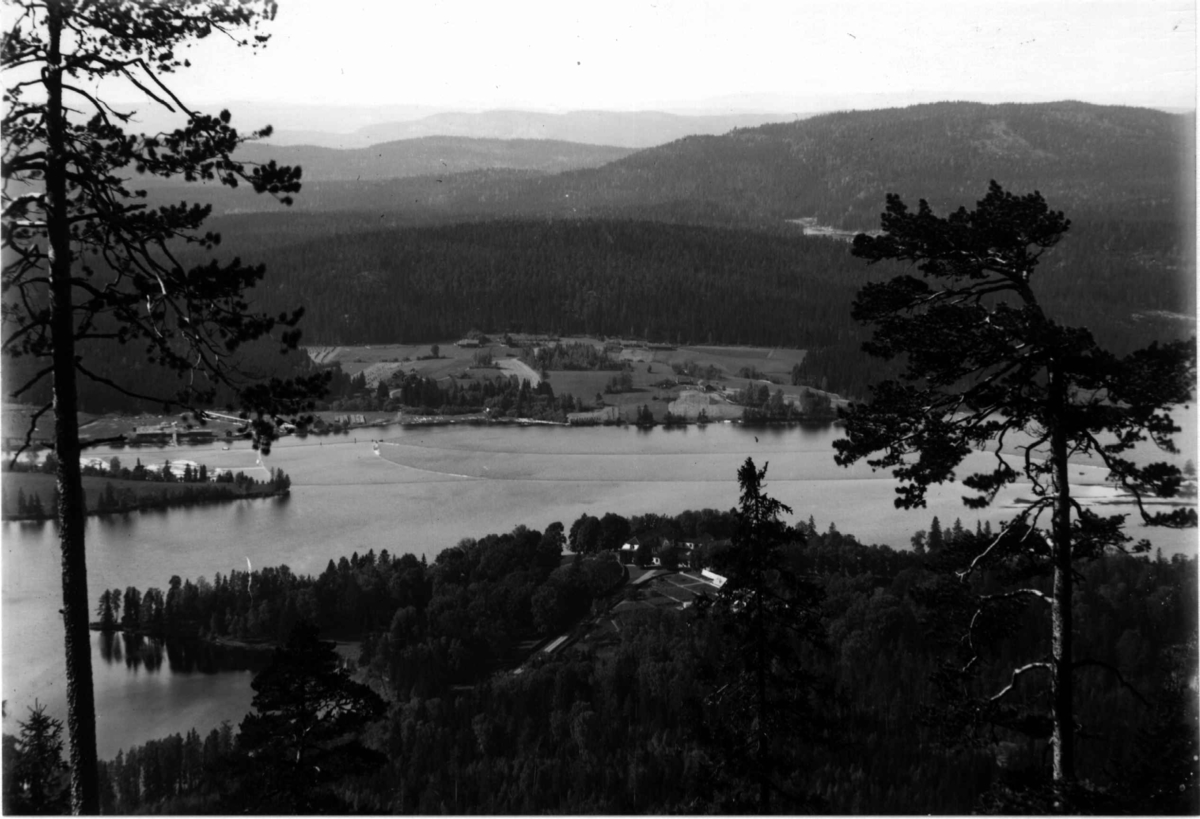 Hermann Christian Neupert, Bogstad gård, Bogstadvannet og landskapet omkring. Oversiktsbilde. Sett fra Lillevann 1923. Bebyggelse og skog i bakgrunnen.