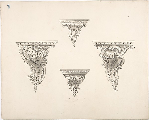 Anonymous, British, 19th century, Design for Four Brackets with Foliate and Rocaille Ornament