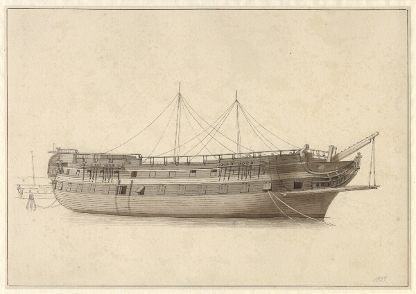 C.W. Eckersberg, Linieskibet Danmark i flådens leje forinden mastens isættelse.