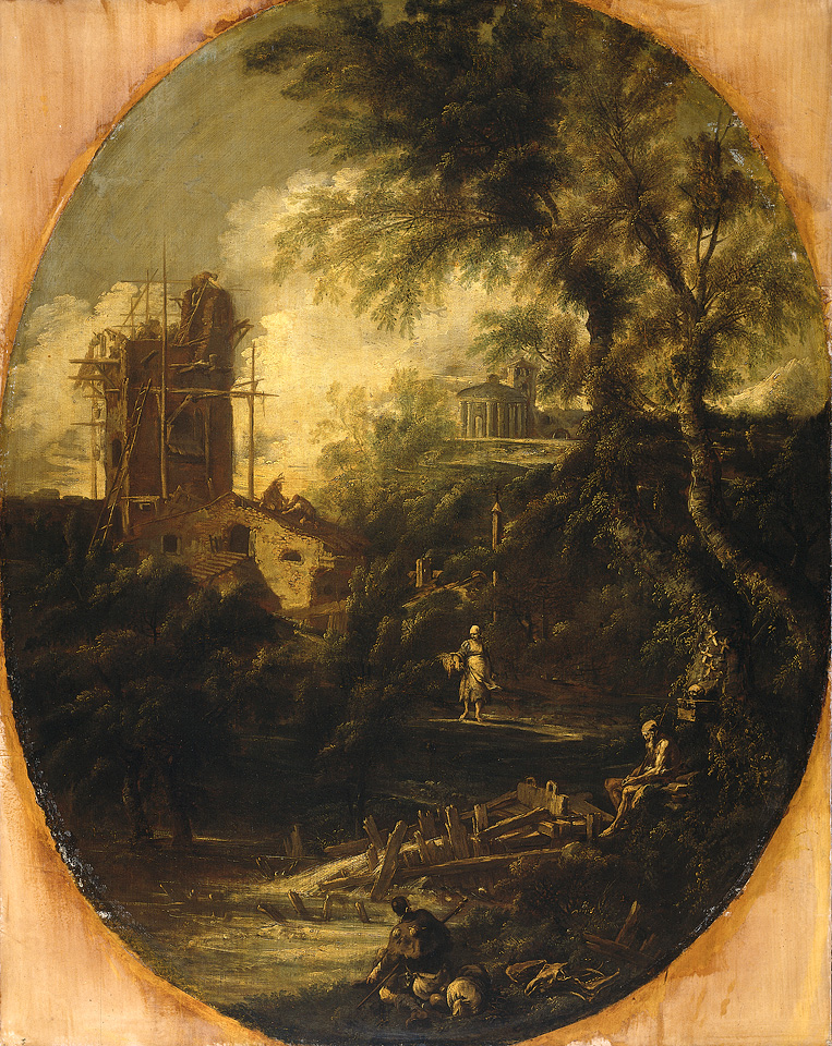 Antonio Francesco Peruzzini, Landschap met een kluizenaar, pelgrim, boerin en andere figuren