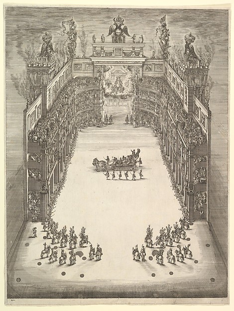 Stefano della Bella, Theater at Modena, seen from above and filled with spectators, with a triumphal car at center and horses in formation at lower left and right, from 'La Gara delle Stagioni'