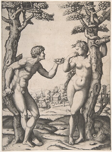 Marcantonio Raimondi, Adam and Eve flanked by two trees, a town in the background