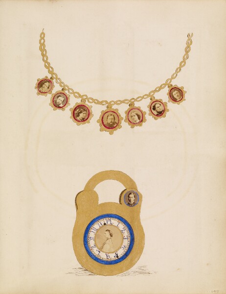 Unknown, [Photo collage of a necklace and lock with nine portraits]