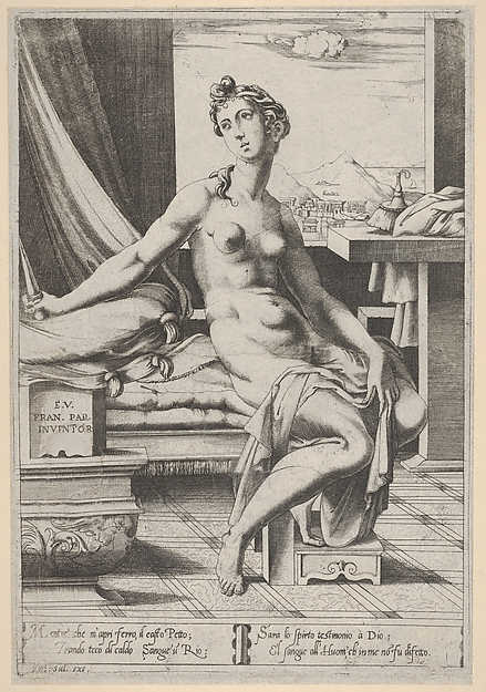 Enea Vico, Lucretia naked and seated before a window, a dagger in her right hand and holding drapery in her left