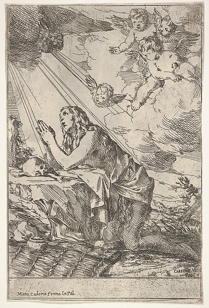 Giulio Carpioni, Penitent Magdalen kneeling on a rocky ground before a skull and bones, an ointment jar lies in the left foreground, rays of light and winged putti descend from above