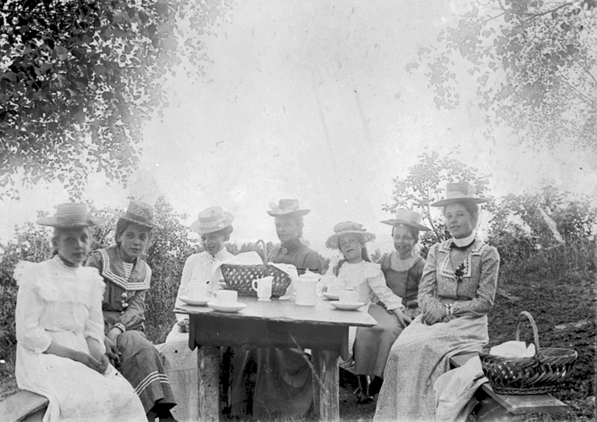 Anno Domkirkeodden, Gruppe damer med hatt, kaffeselskap utendørs på Alhaug gård, Furnes.