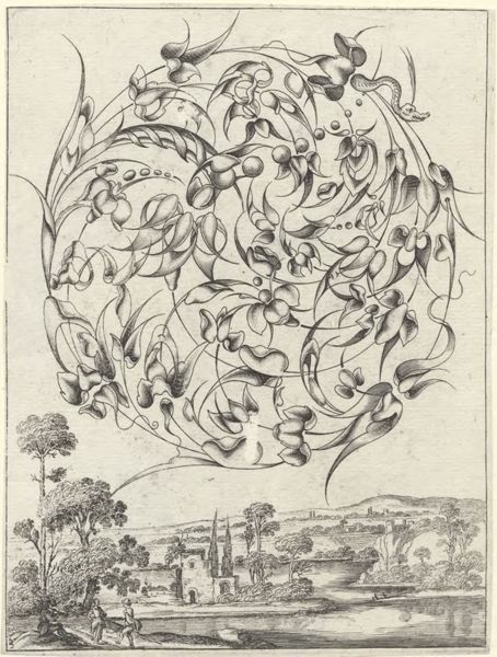 Moncornet, Balthasar, (approximately 1600-1668), (printmaker), Stylized bouquets in landscapes: A round bouquet in a landscape with figures