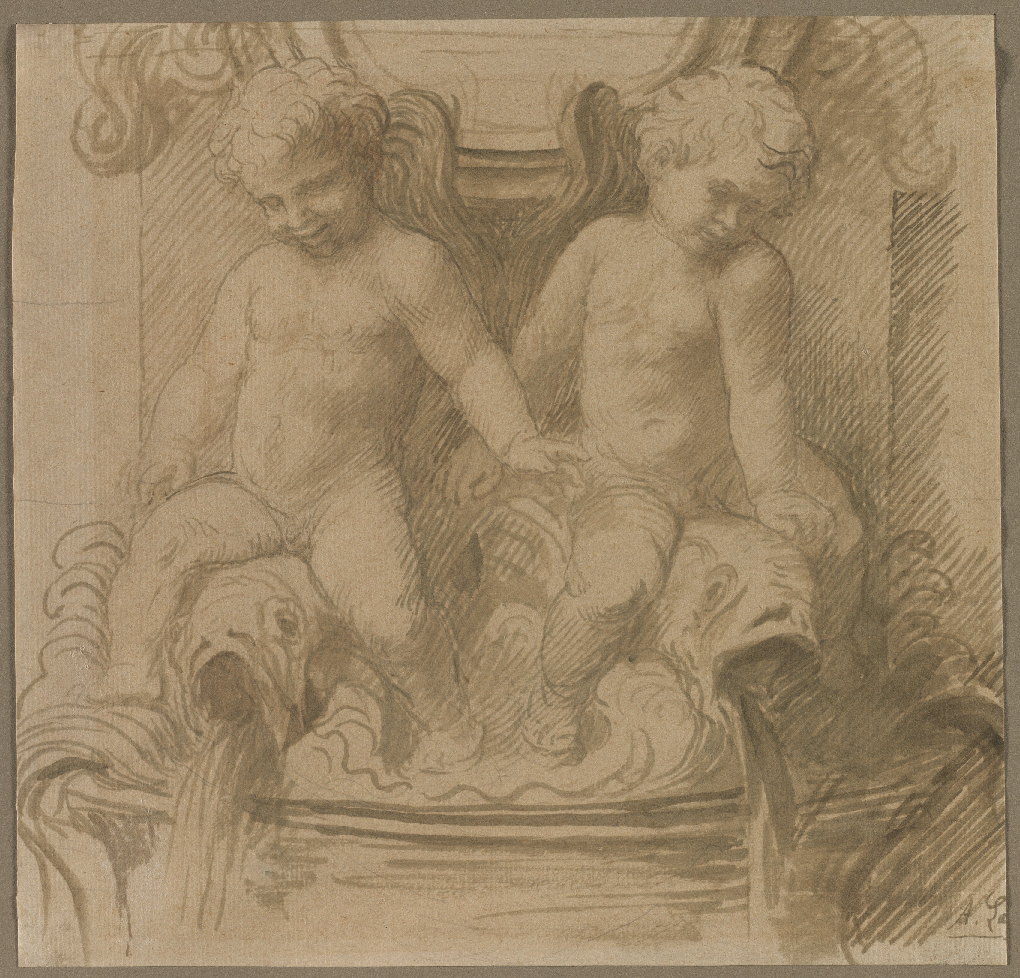 Alphonse Legros, Fountain with Putti Riding Dolphins
