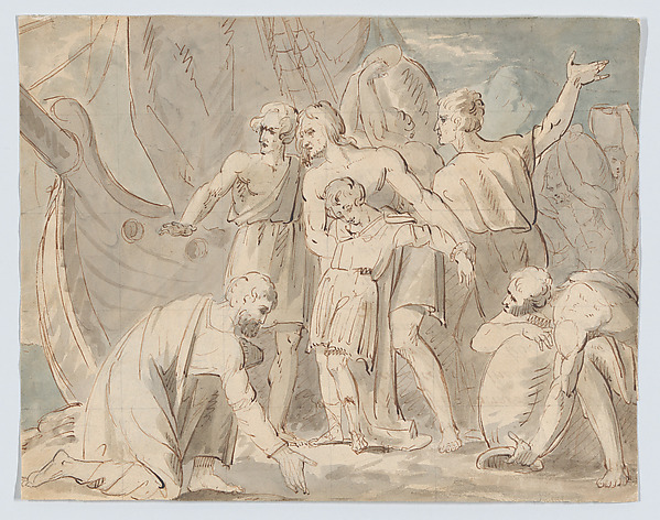William Hamilton, Historical subject with men and a boy near a ship (recto). Anatomical study of a foot (verso)