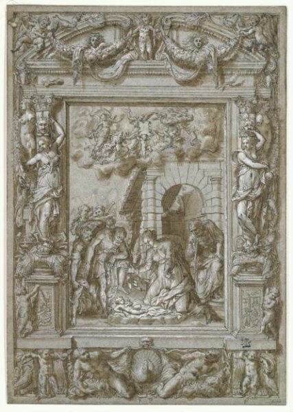 Unknown, The Adoration of the Shepherds, in an architectural frame ornamented with caryatids, putti, festoons, birds, trophies etc