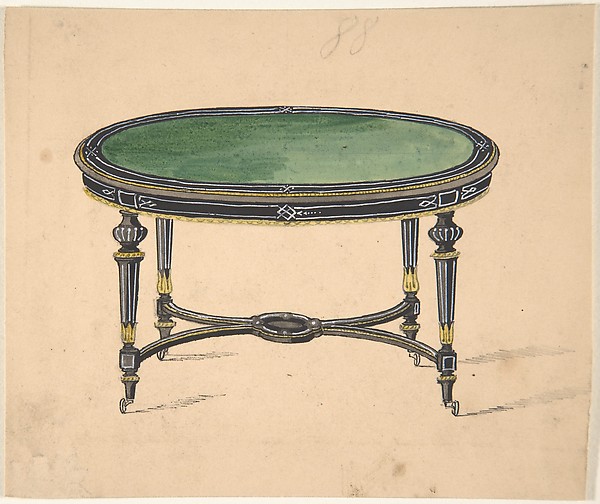 Anonymous, British, 19th century, Design for a Round or Oval Table with a Green Top and Black and Gold Sides and Legs