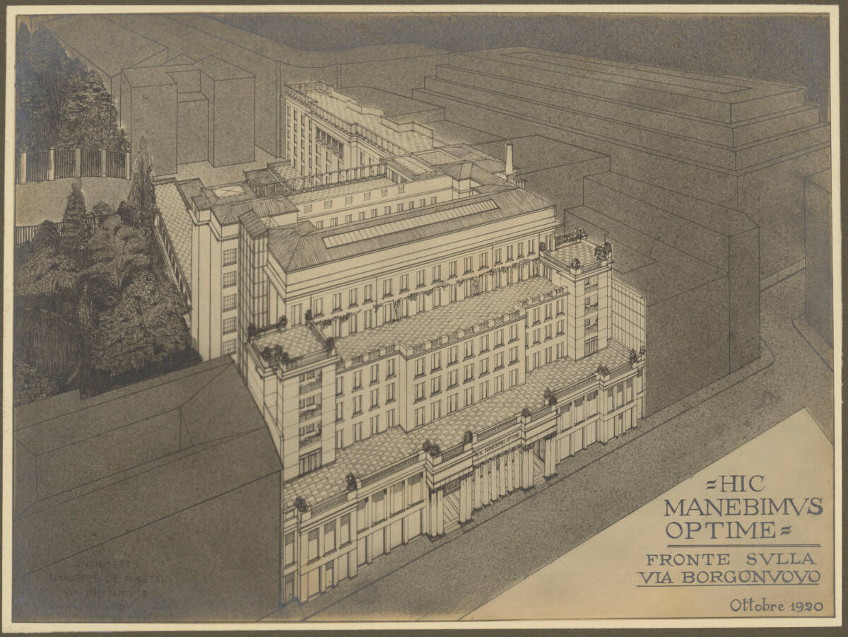 Anonym, Projekt für Grand Hotel "Hic Manebimus Optime", Mailand, Fassade an der Via Borgonuovo, Perspektive