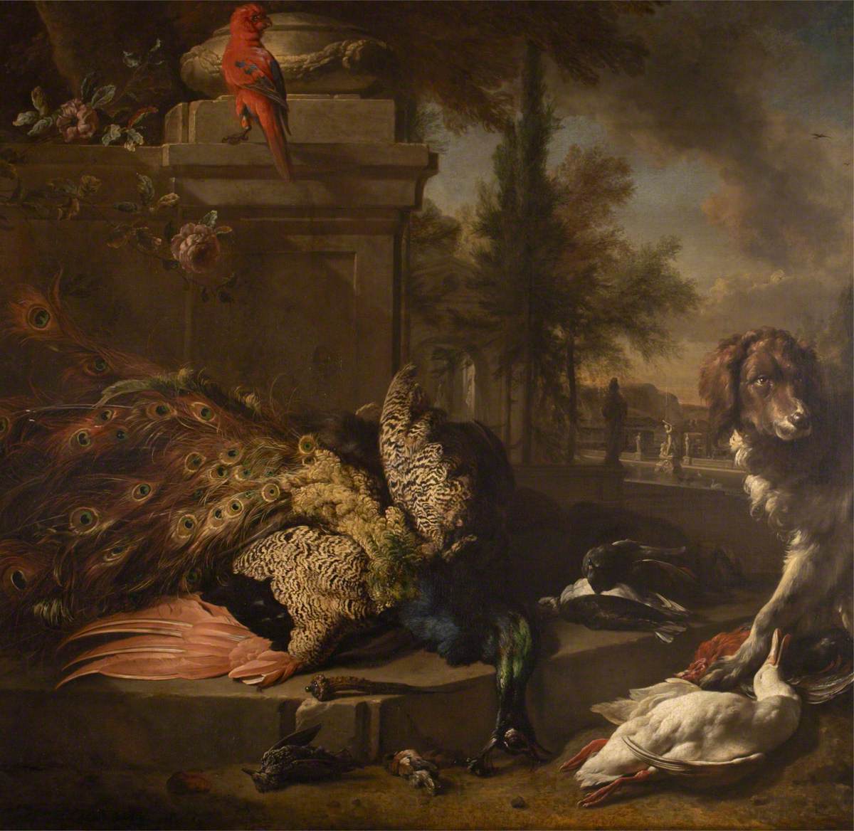 Jan Weenix, Still Life of Dead Poultry, a Parrot and a Spaniel in a Park