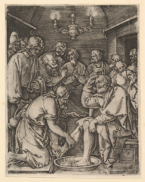 Marcantonio Raimondi, Christ kneeling and washing St Peter's feet, from "The Passion of Christ"