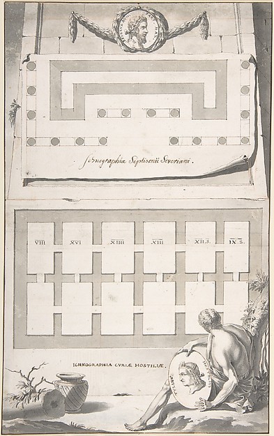 Jan Goeree, Ichnographia (or groundplan) of the Arch of Septimius Severus (above) and the Curia Hostilia (below)