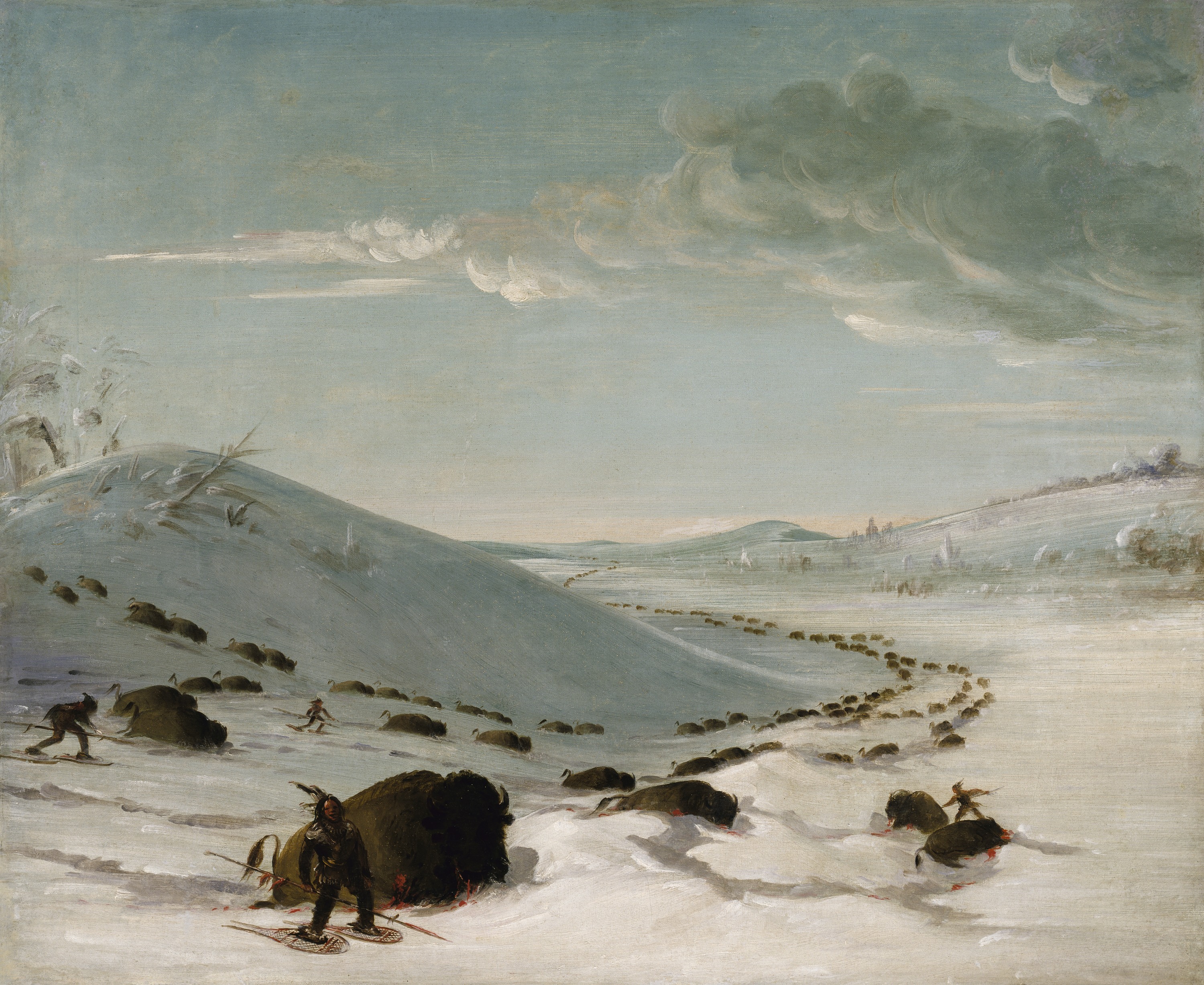 George Catlin, Buffalo Chase in Winter, Indians on Snowshoes