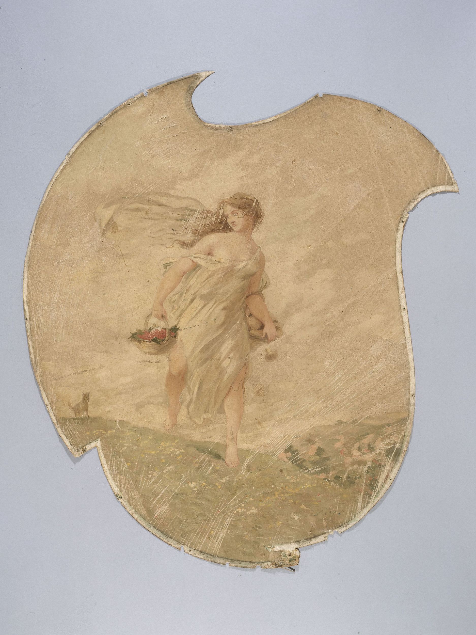 Anonyme, Femme portant un panier de fruits rouges et un panier de champignons. Peinture décorative pour le Café de Paris.
