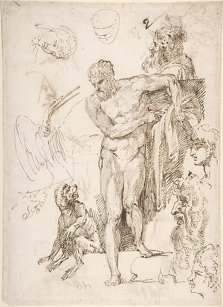 Agostino Carracci, Studies and Sketches for Figures: Standing Male Nude in Frontal View, Male Heads, Seated Monkey, and a Long-Beaked Bird (a Stork?) (recto); Figure Studies:  Back View of Standing Male and Female Heads, a Flying Long-Beaked Bird, etc. (verso)