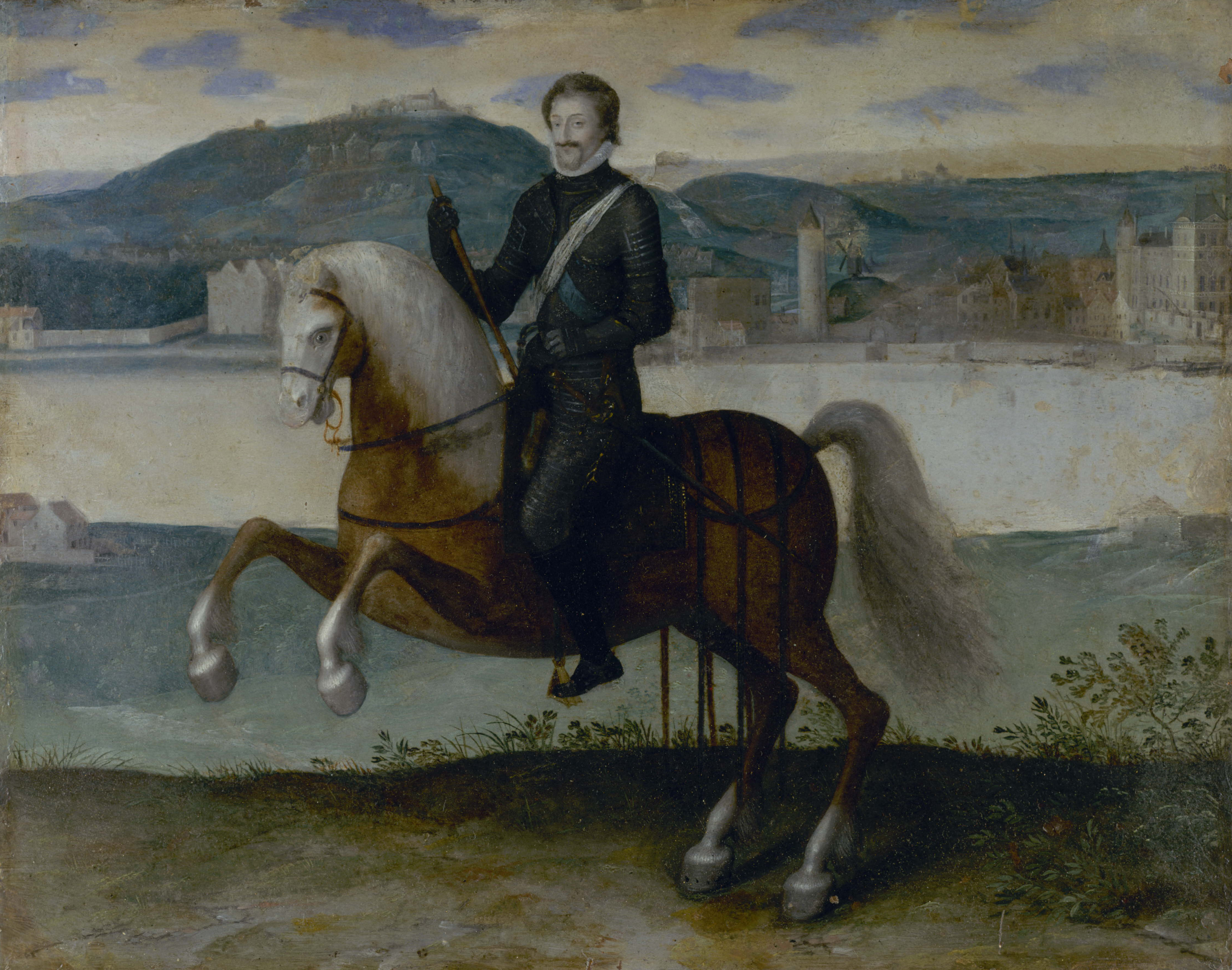 Anonyme, Portrait d'Henri IV (1553-1610), roi de France, à cheval devant Paris.