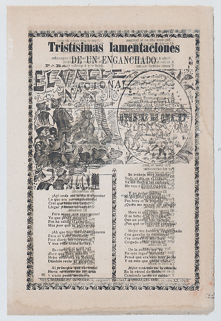 José Guadalupe Posada, Broadsheet relating to people being tricked into working in tobacco fields, a man warning a crowd about harsh labor conditions
