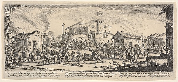 Jacques Callot, Plate 7: A town being sacked with church in the background, from "The Large Miseries of War" (Les misères et les malheurs de la guerre)