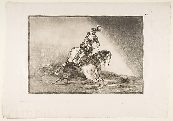 Goya (Francisco de Goya y Lucientes), Plate 10 from "La Tauromaquia": Charles V spearing a bull in the ring at Valladolid