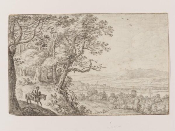 Herman Saftleven, Panoramic river landscape with hills in the distance and mounted traveller on the left