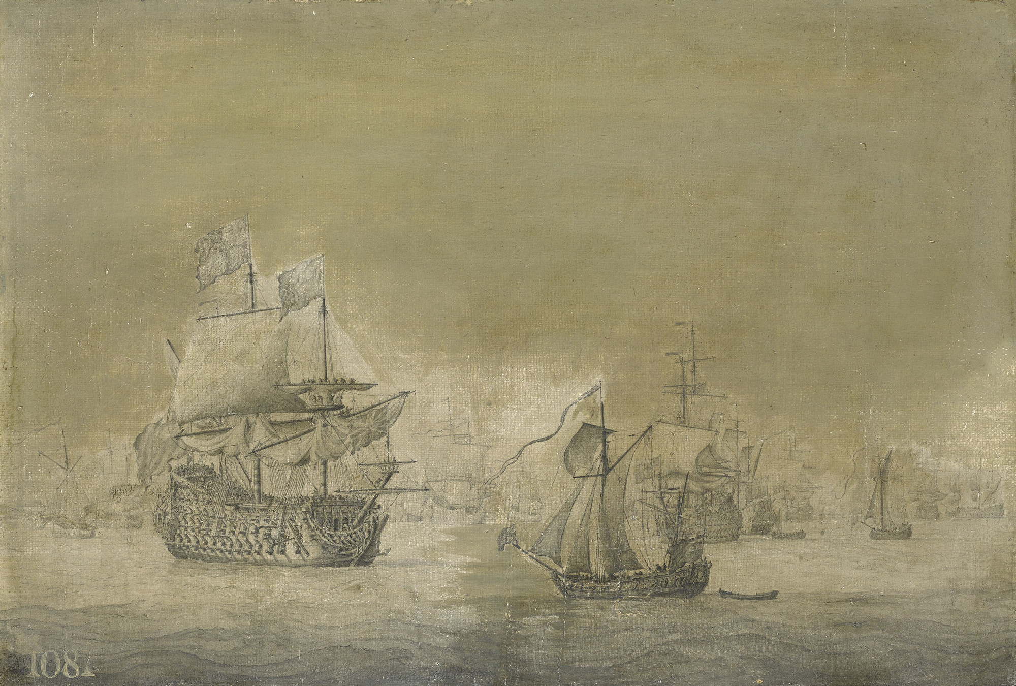 Willem van de Velde the Elder, An English Three-decker in a Light Breeze with a Royal Yacht Sailing Towards her