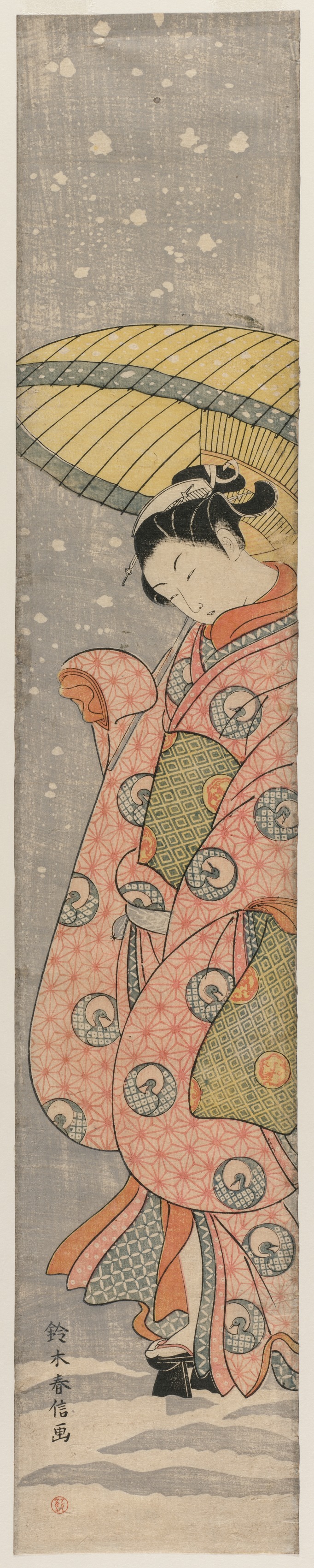 Suzuki Harunobu, Young Woman Standing Under an Umbrella in the Snow