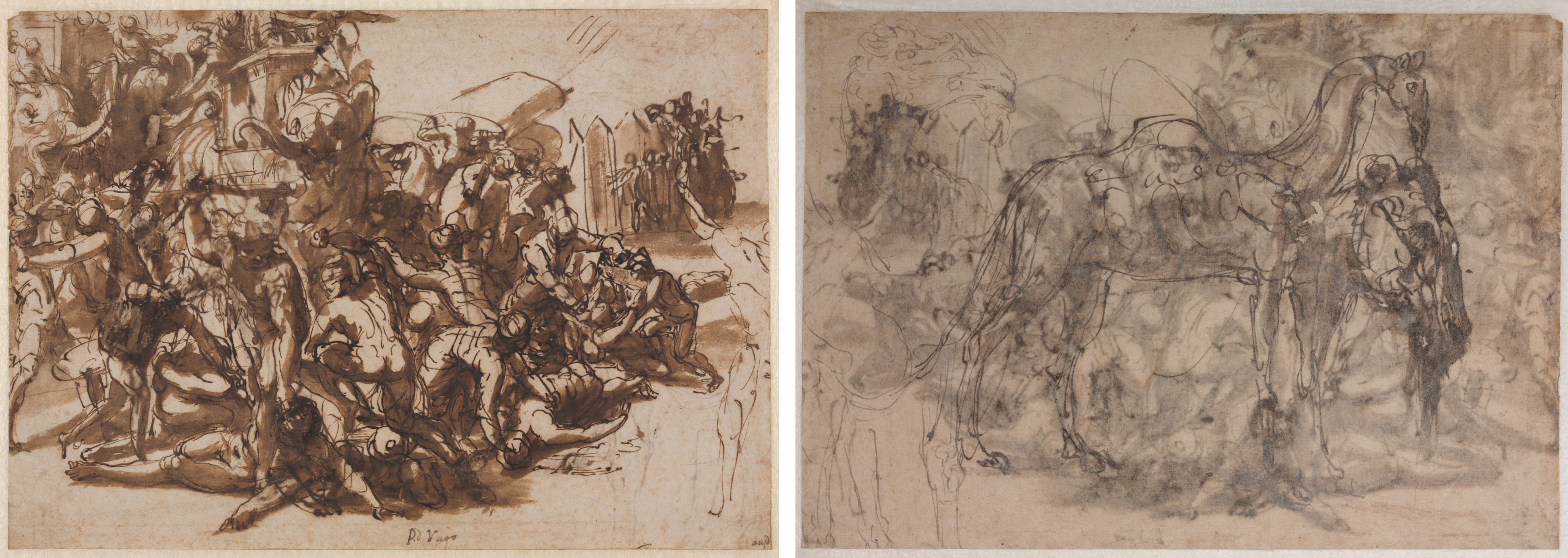 Perino del Vaga, Poros Assailed by the Macedonian Army (recto); Sketches of Animals (verso)