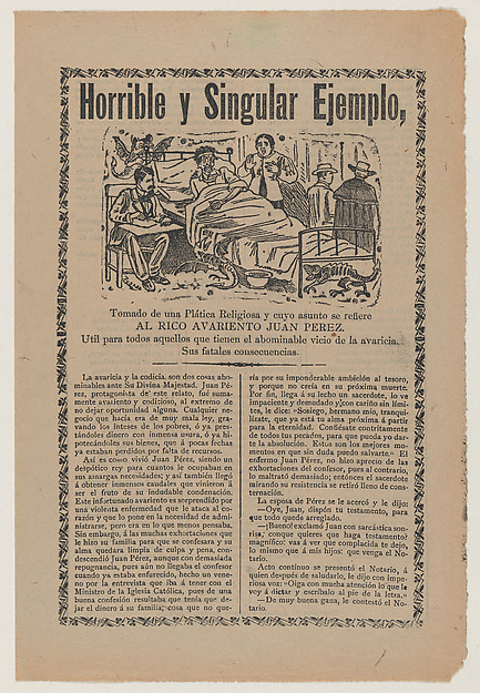 José Guadalupe Posada, Broadsheet relating to the greed of Juan Pérez and his ill-gotten financial gains through dishonesty, abusing the poor, and swindling the church, a description in the bottom section continuing on verso