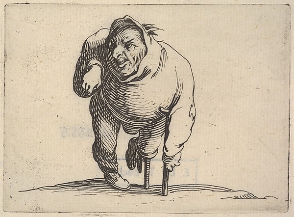 Jacques Callot, Small male figure with peg leg and crutch, in frontal view, from "Varie Figure Gobbi"