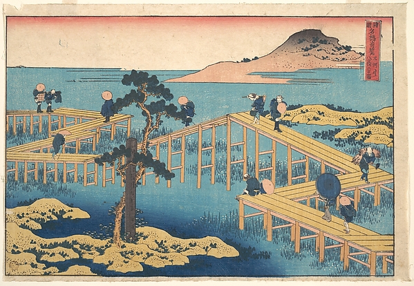 Katsushika Hokusai, Ancient View of Yatsuhashi in Mikawa Province (Mikawa no Yatsuhashi no kozu), from the series Remarkable Views of Bridges in Various Provinces (Shokoku meikyō kiran)