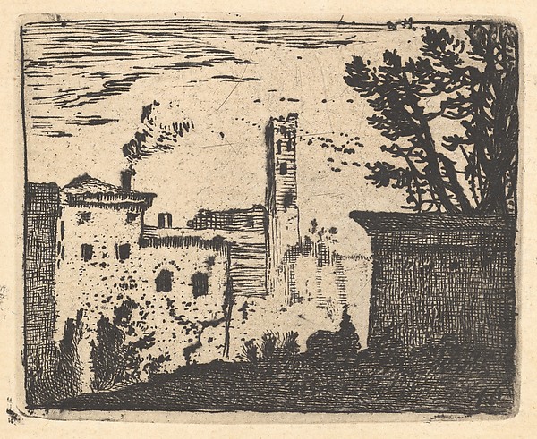 Karel Dujardin, Townscape with wall and foliage in shadow in right foreground, buildings with smoking chimney and square tower beyond, from "The Small Landscapes"