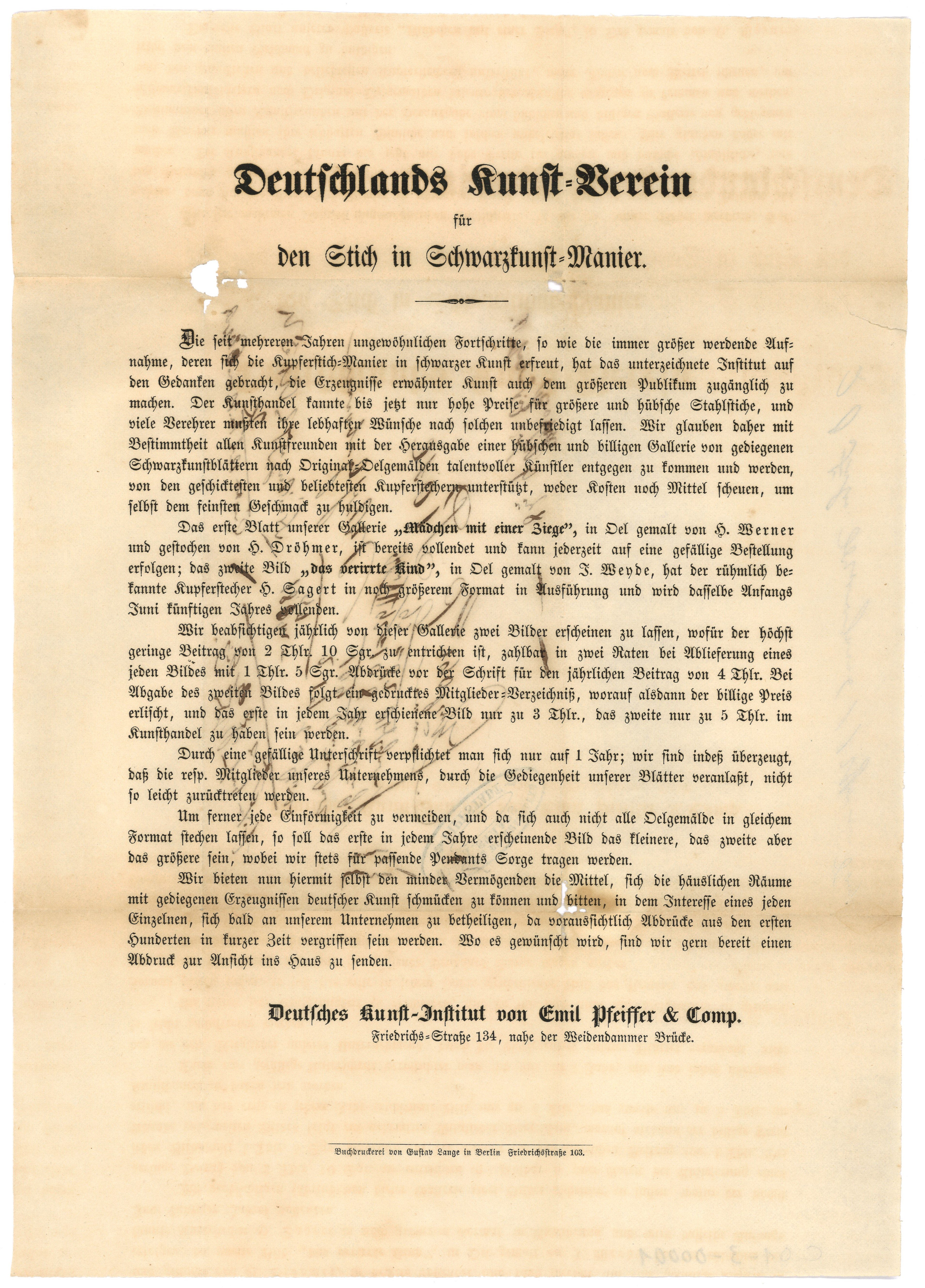 C. Rose, Werbeaufruf für "Deutschlands Kunst-Verein für den Stich in Schwarzkunst-Manier" 1856