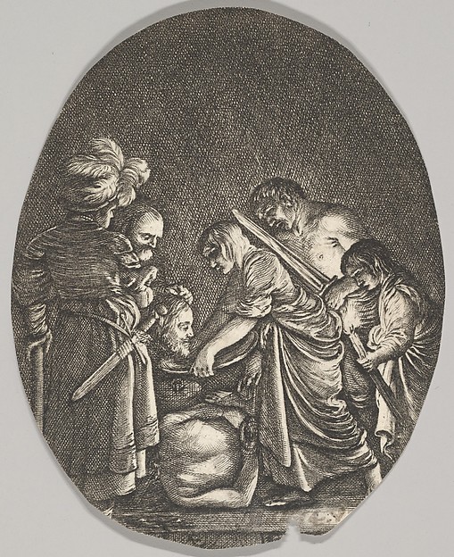 Hendrick Goudt, Salome receiving the head of John the Baptist, surrounded by three men and a child bearing a torch, the Baptist's body lies on the ground