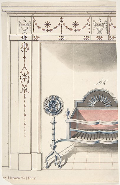 Anonymous, British, 19th century, Fireplace and Grate Design with Sunflower Andirons