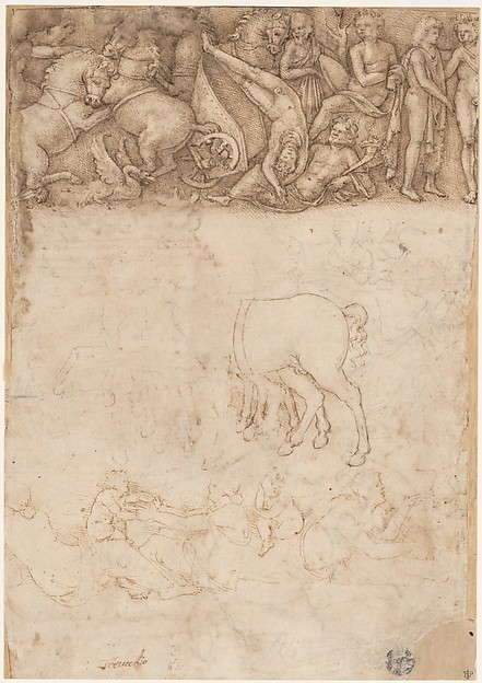 Amico Aspertini, Studies after the Antique: The Fall of Phaëthon, Horses, Reclining Women with Children (recto); Studies after the Antique: An Altar or Urn, Lion Attacking a Horse (verso)