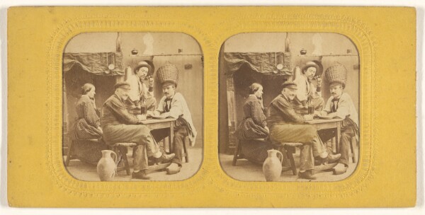 Unknown, [Three men and a woman seated at a table drinking]