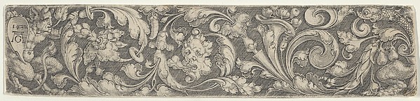 Heinrich Aldegrever, Frieze with Tendrils Growing from a Plant at Right and a Satyr Holding a Shield with the Artist's Monogram