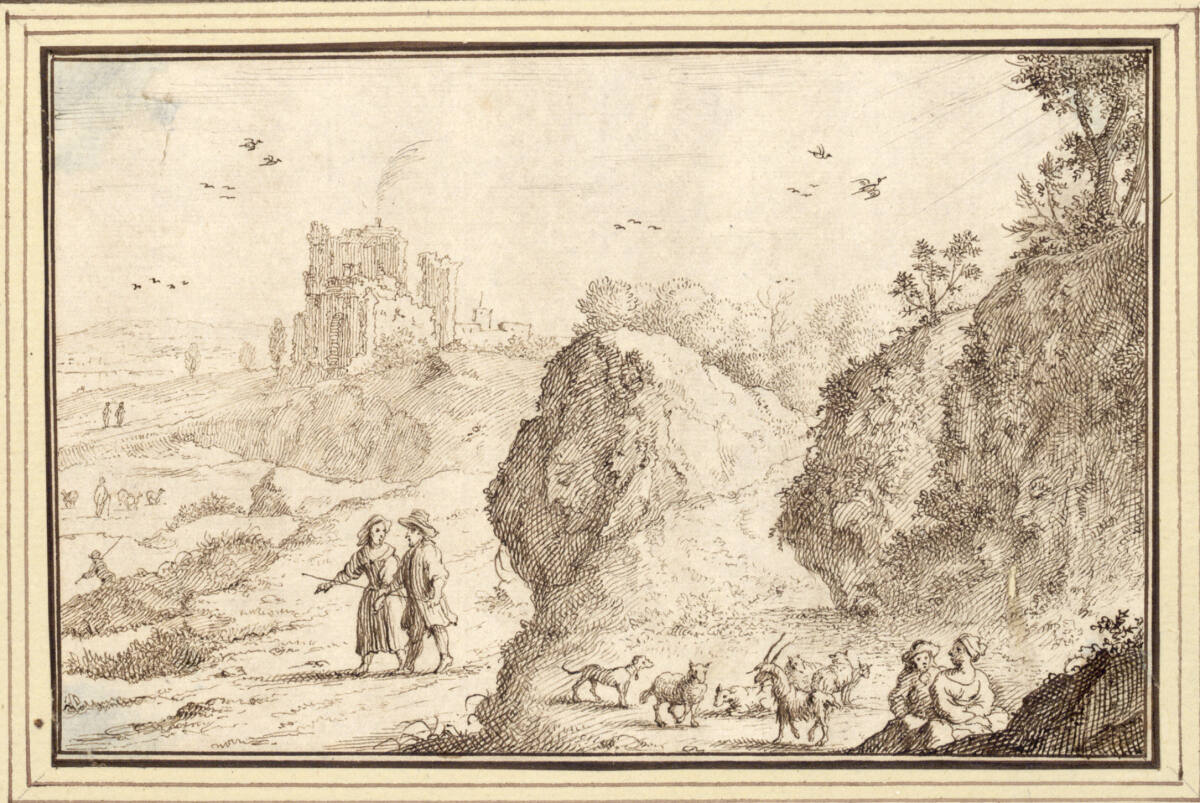 AlbertFlamen, Felsige Landschaft mit Schäferpaaren (in den Felsen menschliche Gesichter) (I-14f)