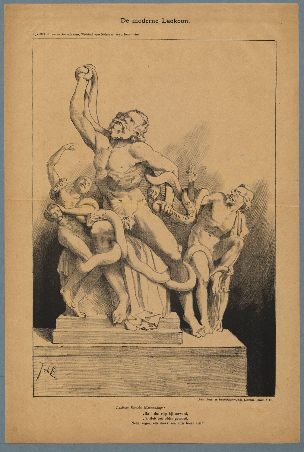 Braakensiek, Johan,draughtsman., De moderne Laokoon Domela als laokoon, "zoon" Fortuyn rechts en "zoon" Cornelissen links