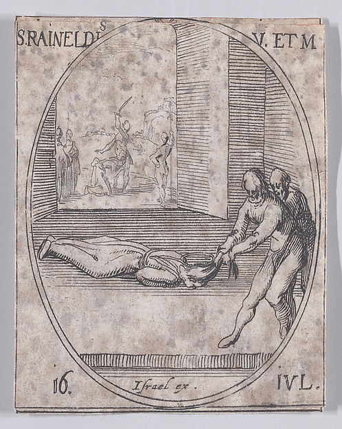 Jacques Callot, Ste. Reynelde, vierge et martyre (St. Reineldis, Virgin and Martyr), July 16th, from "Les Images De Tous Les Saincts et Saintes de L'Année" (Images of All of the Saints and Religious Events of the Year)