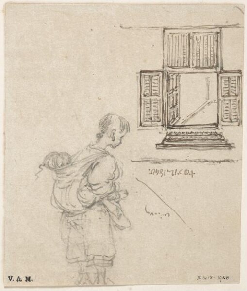 George Chinnery, A boatwoman with a child on her back, and a window with shutters opened