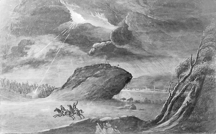 David Almquist, According to earlier note: “Depicting painting, signed R W W 1827. Motif dramatic landscape with thunderstorms, riders in the foreground. Associated Mrs Bildt, Kårehogen.”