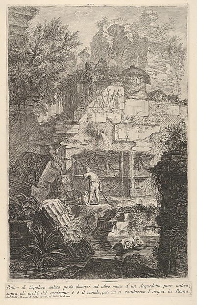 Giovanni Battista Piranesi, Plate 6: Ruins of an ancient tomb in front of ruins of an ancient aqueduct (...), from "Part one of architecture and perspectives: drawn and etched by Gio. Batt'a Piranesi, Venetian Architect: dedicated to Nicola Giobbe" (Prima parte di Architetture, e prospettive inventate, ed incise da Gio. Batt'…