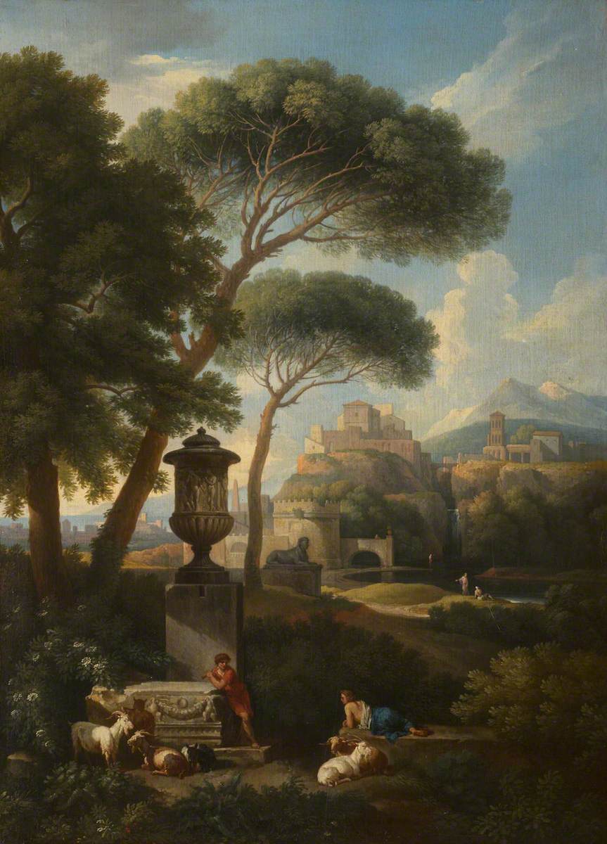 Jan Frans van Bloemen, A Classical Landscape with an Urn, Shepherds and Goats